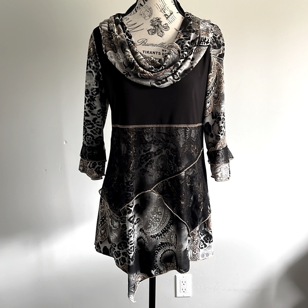 Marie Claire Y2K Asymmetrical Mesh Cowl Neck Leopard Black Tunic Fairy Grunge